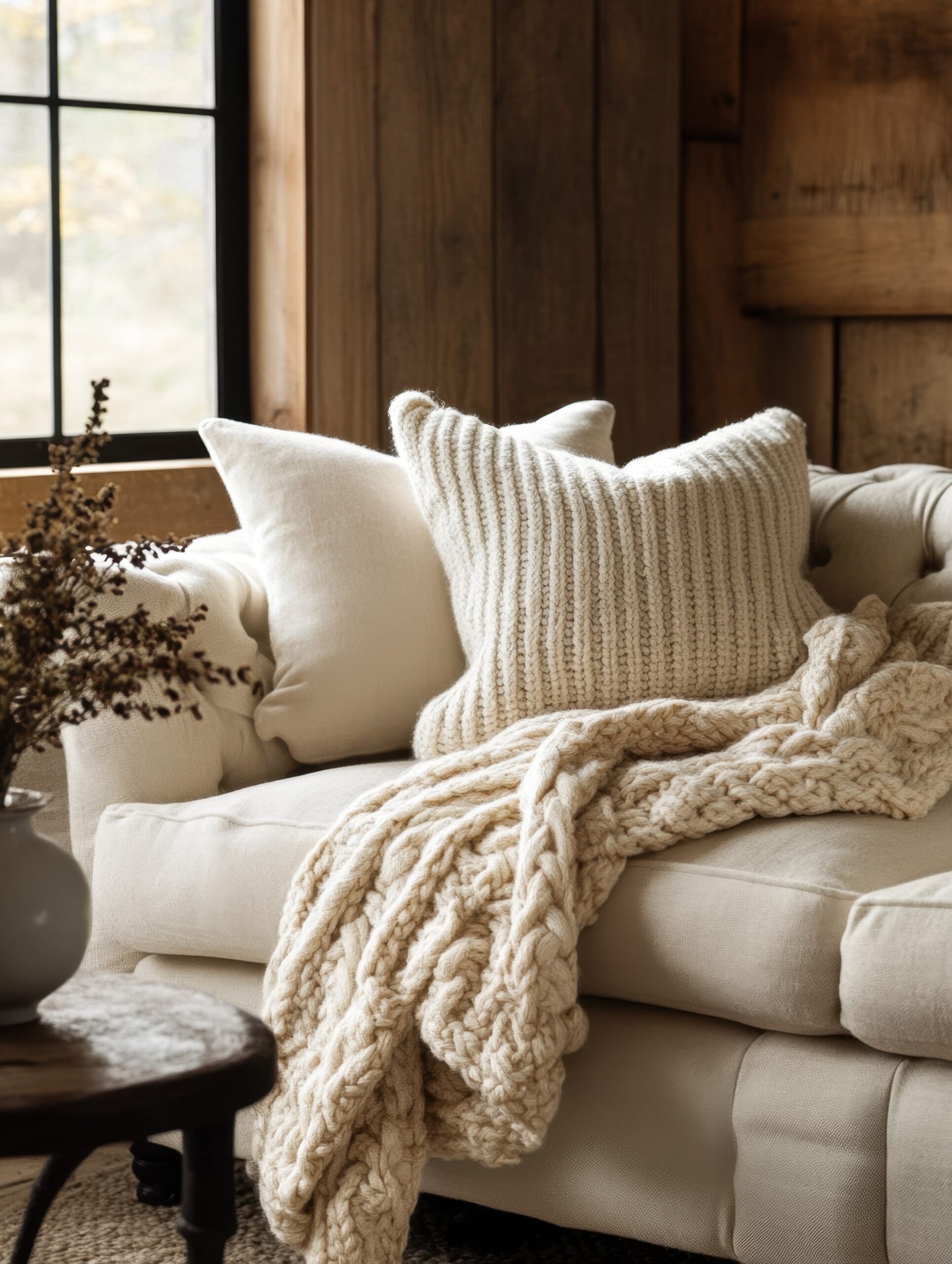 Cozy living room scene featuring a soft sofa with knitted cushions and a cable knit throw blanket near a window