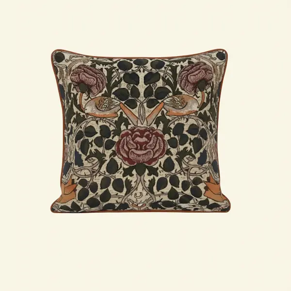 * Birds & Rose Tapestry Cushion – Handmade Jacquard Floral Pillow with Velvet Back Birds & Rose Tapestry Cushion front view, Jacquard-woven floral and bird design, handmade in England