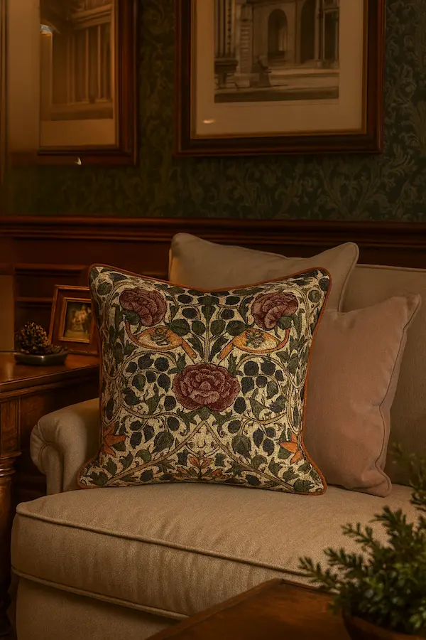 Birds & Rose Tapestry Cushion – Close-Up Detail of Jacquard Weave Birds & Rose Tapestry Cushion styled on sofa, floral tapestry pillow adding heritage charm to living room deco