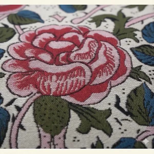 * Birds & Rose Tapestry Cushion – Handmade Jacquard Floral Pillow with Velvet Back Close-up of Birds & Rose Tapestry Cushion showing detailed Jacquard floral and bird weave with fine texture