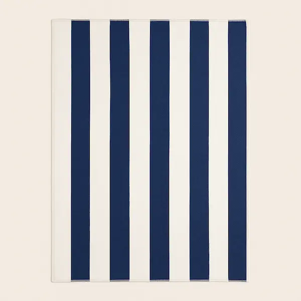 Blue and White Cotton Beach Blanket fully laid out with vertical stripes
