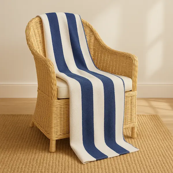 Blue and White Beach Blanket draped over rattan chair in a coastal room