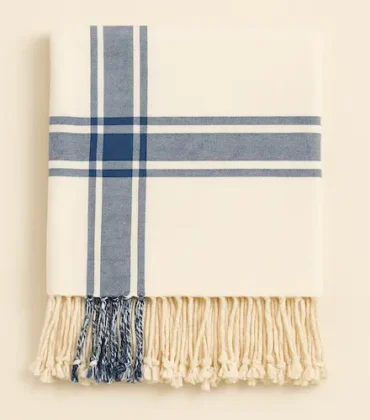 Cotton Plaid Throw with Hand-Knotted Fringe