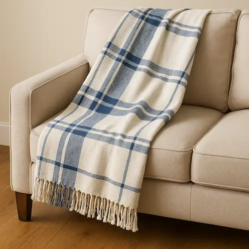lue and White Woven Check Blanket with twisted fringes draped naturally over a beige sofa