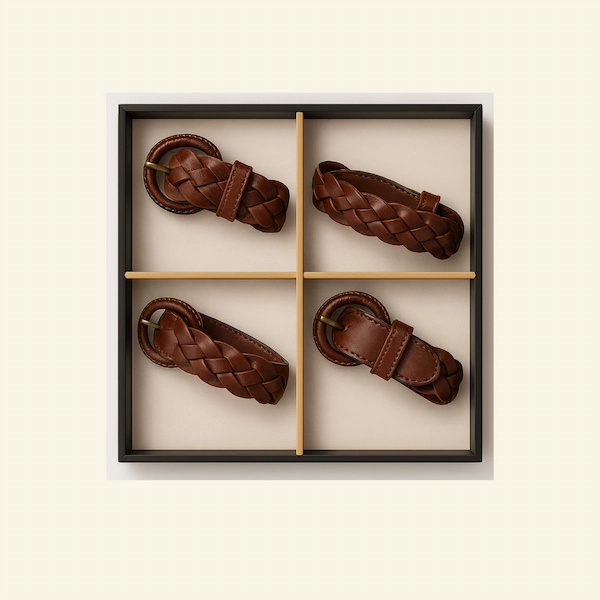 Set of four equestrian braided leather napkin rings with brass buckles, displayed in a gift box.