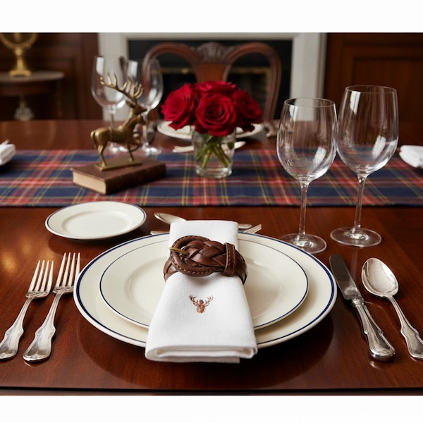 Equestrian braided leather napkin rings styled on a refined dinner table with linen napkins, brass flatware, and crystal glassware.