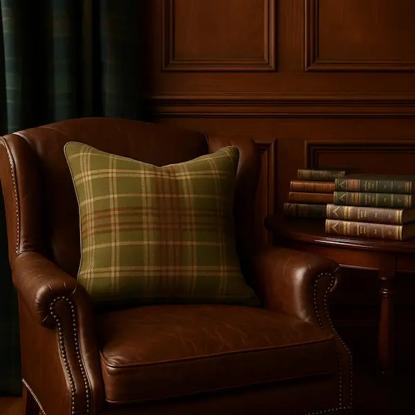 Highland Plaid Wool Cushion – Styled Interior View Highland Plaid Wool Cushion styled on leather armchair in traditional library setting