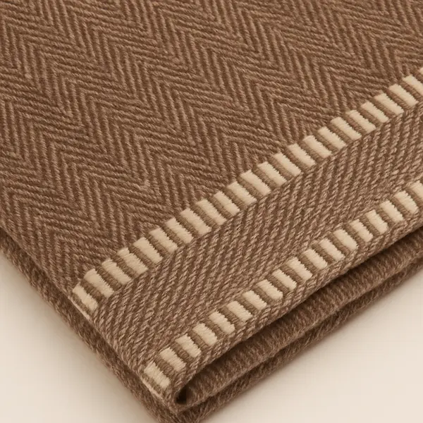 Close-up detail of Highland Wool-Cotton Hemmed Throw showing taupe herringbone weave and cream hemmed border.