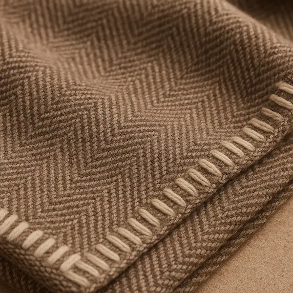 Close-up of Highland Wool-Cotton Hemmed Throw in taupe herringbone weave with cream hemmed edge, luxury wool-cotton blend fabric.