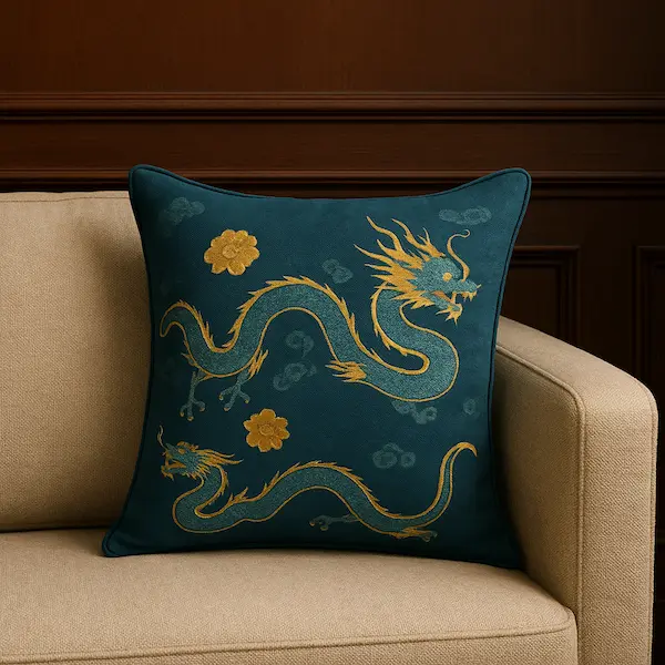 Imperial Dragon Tapestry Cushion in teal with golden dragon embroidery, styled on beige sofa with mahogany wall