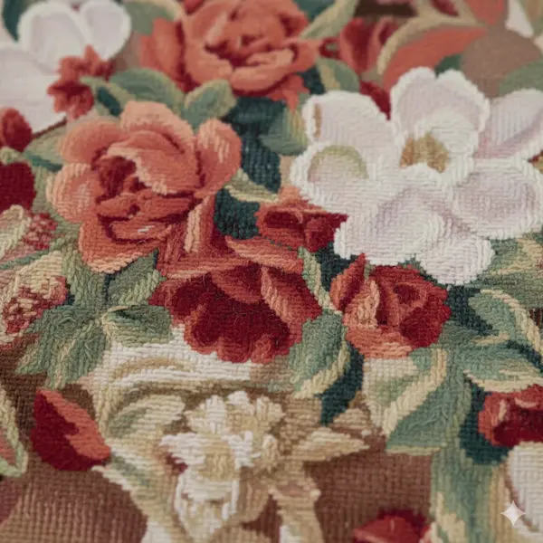 mperial Vase Handwoven Tapestry – Floral Detail Close-up of the Imperial Vase Handwoven Tapestry showing finely woven florals in New Zealand wool.