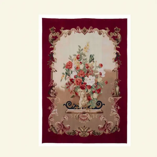 Imperial Vase Handwoven Tapestry – 213 × 146 cm Imperial Vase Handwoven Tapestry with floral urn and scrollwork on a burgundy ground, shown flat.