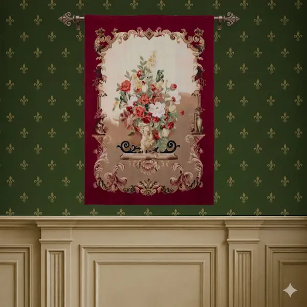 Imperial Vase Handwoven Tapestry – Styled Interior View Imperial Vase Handwoven Tapestry displayed on a green wall with classical paneling, styled in an elegant interior.