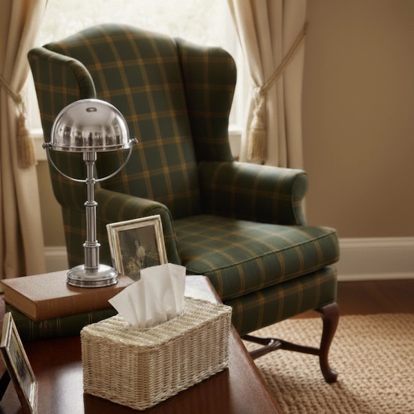 Laguna Handwoven Rattan Tissue Box Cover – Styled in Living Room Rattan tissue box cover styled on side table in a traditional living room with armchair and lamp, by Reeva Sethi Home.