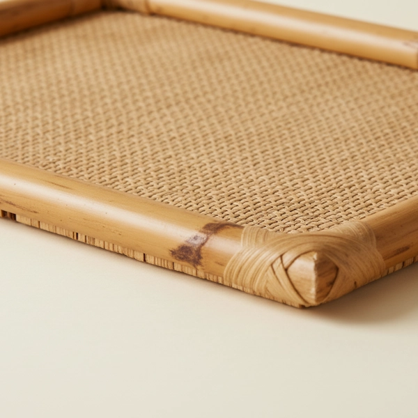 Laguna Rattan & Bamboo Tray — Detail Close-Up Close-up of handwoven rattan tray with bamboo frame and natural weave detail.