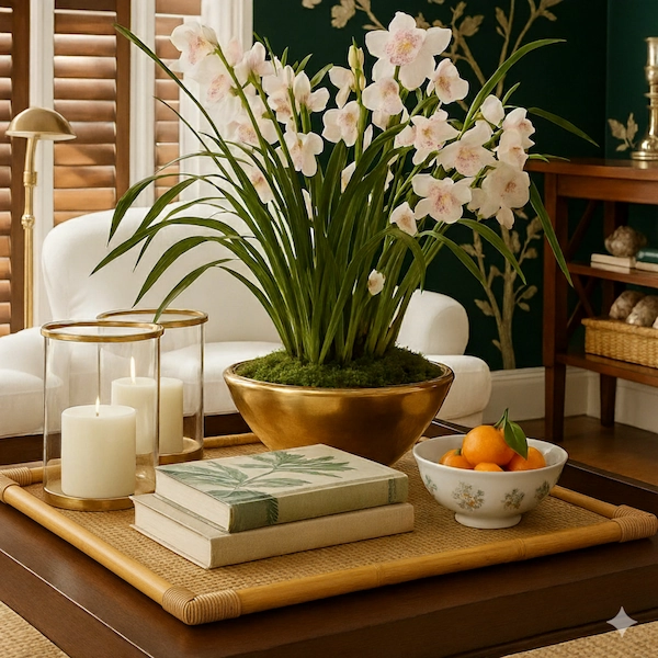 Laguna Rattan & Bamboo Tray in Living Room Styling Rattan bamboo tray styled with candles, orchids, and books on a coffee table.