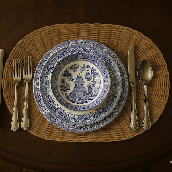 Oval Rattan Placemat with Dinnerware Styling Oval rattan placemat styled with blue patterned plates and silver cutlery