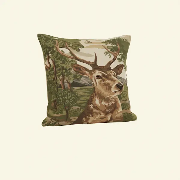 Noble Stag Tapestry Pillow – Rustic Jacquard Cushion Handmade in England Noble Stag Tapestry Pillow with handwoven jacquard stag motif and British velvet back, 18-inch square cushion