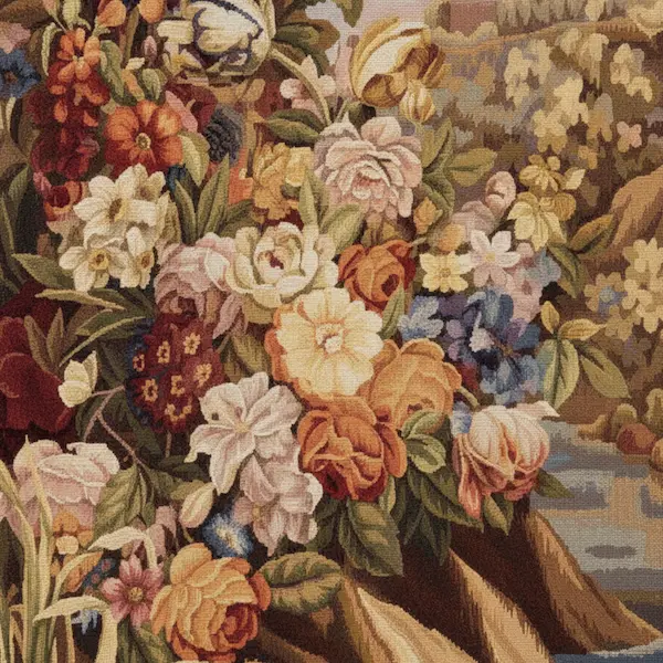 River Bank Bloom Handwoven Wool Tapestry – Close-Up Detail Close-up of the River Bank Bloom Handwoven Wool Tapestry showing texture and handwoven wool detail