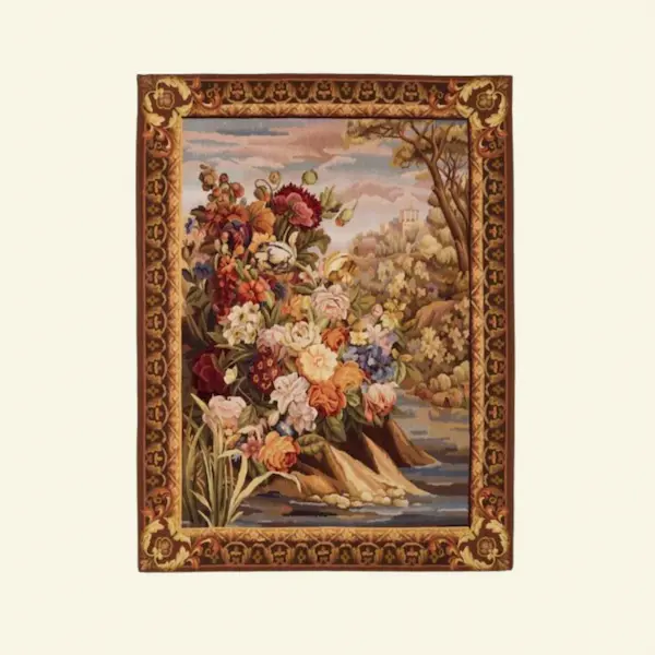 River Bank Bloom Handwoven Wool Tapestry – Main Image River Bank Bloom Handwoven Wool Tapestry made in New Zealand wool, displayed flat against a French Linen Ivory background