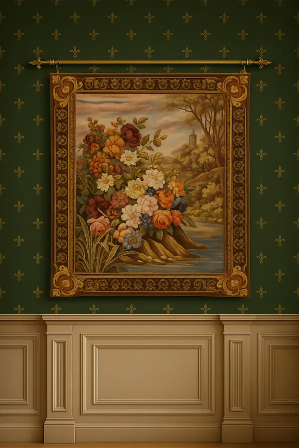 River Bank Bloom Handwoven Wool Tapestry – Styled on Wall River Bank Bloom Handwoven Wool Tapestry displayed on a green patterned wall with classic wainscoting