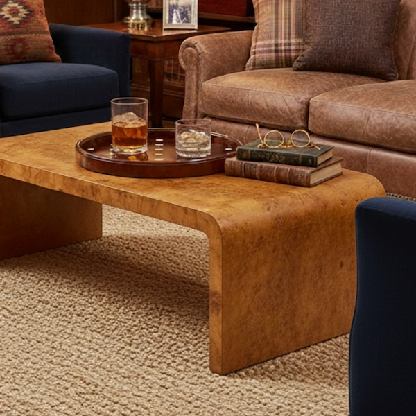 Sorrento Inlay Tray on Coffee Table – Mahogany Polka Dot Design Mahogany round tray with marquetry dot inlay styled on a living room coffee table