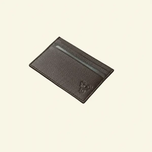 Stag Crest Pebbled Leather Card Case – Slim Profile Stag Crest Pebbled Leather Card Case in mahogany, crafted from full-grain aniline leather with embossed stag crest