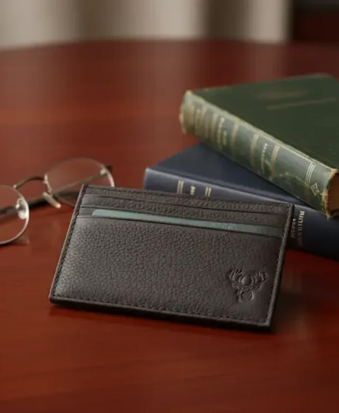 Stag Crest Pebbled Leather Card Case – Styled Lifestyle Image Stag Crest Pebbled Leather Card Case styled on mahogany desk with books and glasses