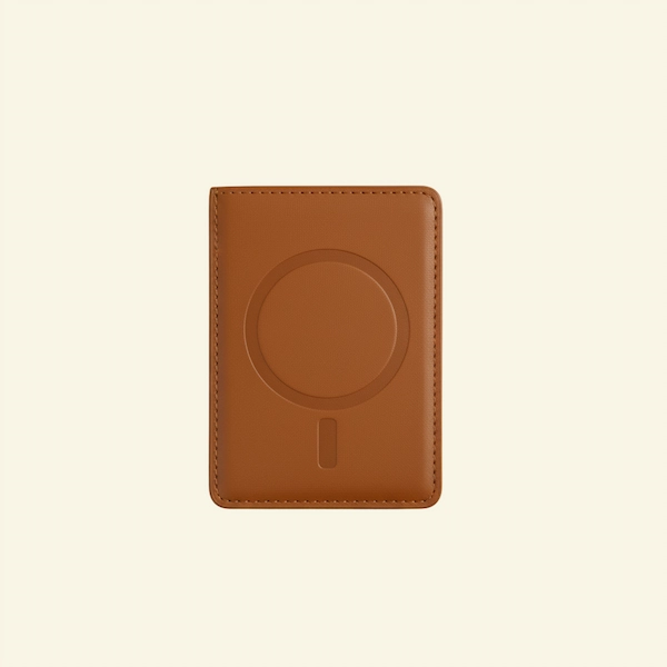 Stag Crest Saddle Tan Magnetic Leather Card Case – Back View Back view of Stag Crest Saddle Tan Magnetic Leather Card Case showing card slots and stitching