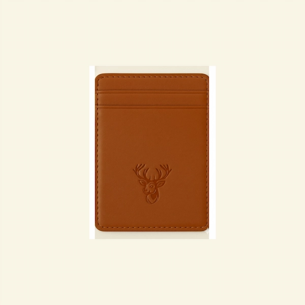 Stag Crest Saddle Tan Magnetic Leather Card Case – Front View Front view of Stag Crest Saddle Tan Magnetic Leather Card Case in full-grain leather with embossed stag crest