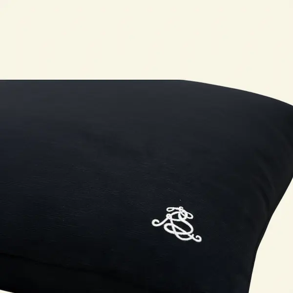 Midnight Embroidered Cotton Cushion – Embroidery Detail Close-up of RS embroidered monogram on Midnight Cotton Cushion in black linen blend.