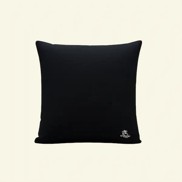 Midnight Embroidered Cotton Cushion – Front View Midnight Embroidered Cotton Cushion front view with RS embroidered monogram.