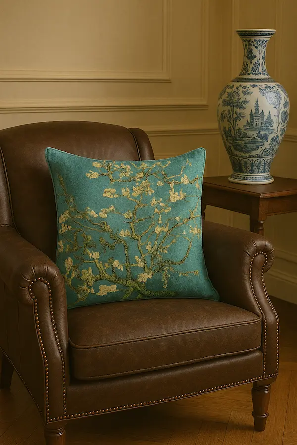 Van Gogh Blossom Tapestry Cushion in turquoise with almond blossom design, styled on a Ralph Lauren–inspired leather armchair beside a Delft vase