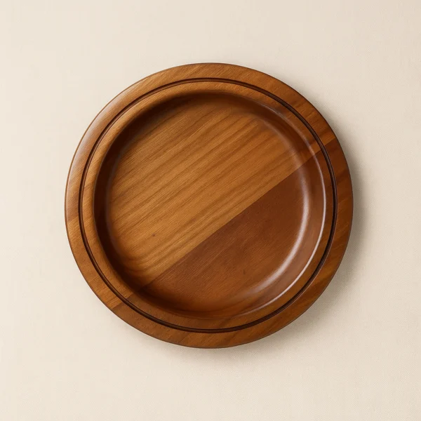 Solid mahogany charger with carved rim on ivory background.