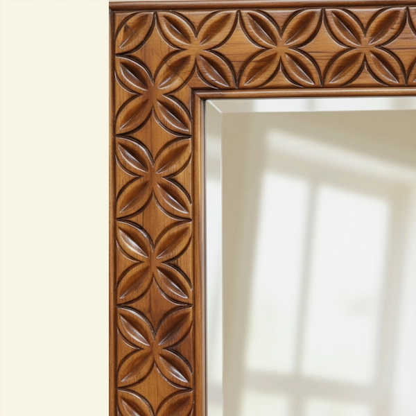 Wexford Rosette Mirror – Carved Teak Frame Detail Detail of carved rosette border on the Wexford Rosette Mirror in solid teak.