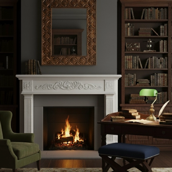 Wexford Rosette Mirror Above Fireplace – Styled Lifestyle View Wexford Rosette Mirror styled above a fireplace with carved wood frame in a classic living room.