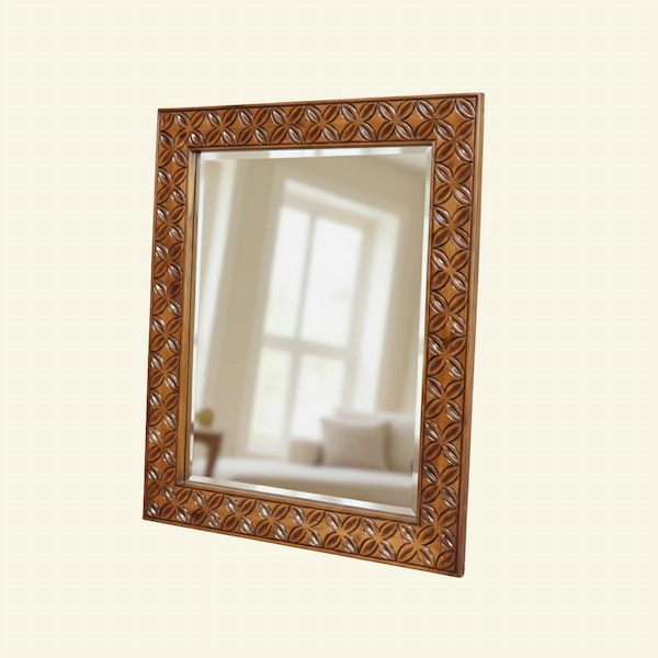 Wexford Rosette Mirror – Full Product View Wexford Rosette Mirror with hand-carved solid teak frame on ivory background.