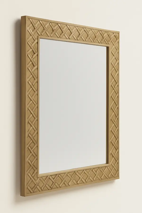Angled side view of the Wexford Rosette Mirror in solid teak, showing hand-carved rosette border and depth of frame – Reeva Sethi Home