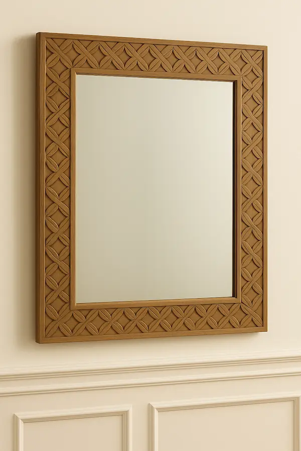 Wexford Rosette Mirror in solid teak with hand-carved rosette border, styled on a cream wainscoted wall – Reeva Sethi Home