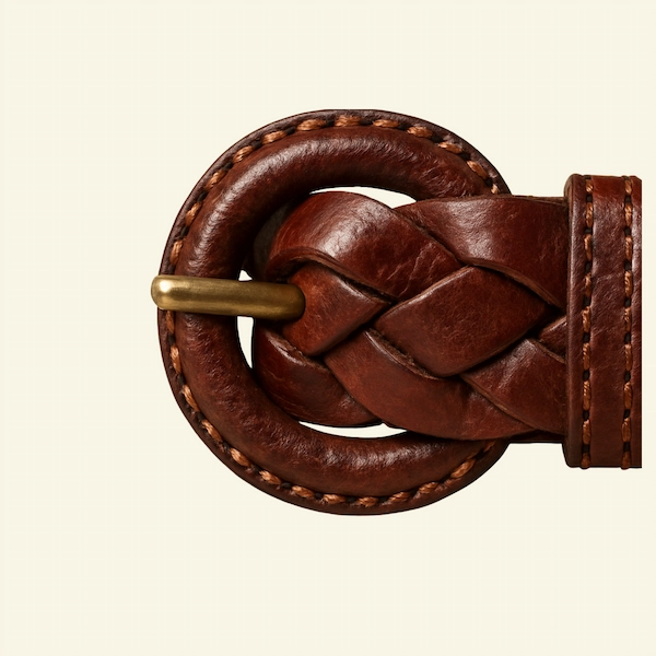 Close-up of equestrian braided leather napkin ring with solid brass buckle.