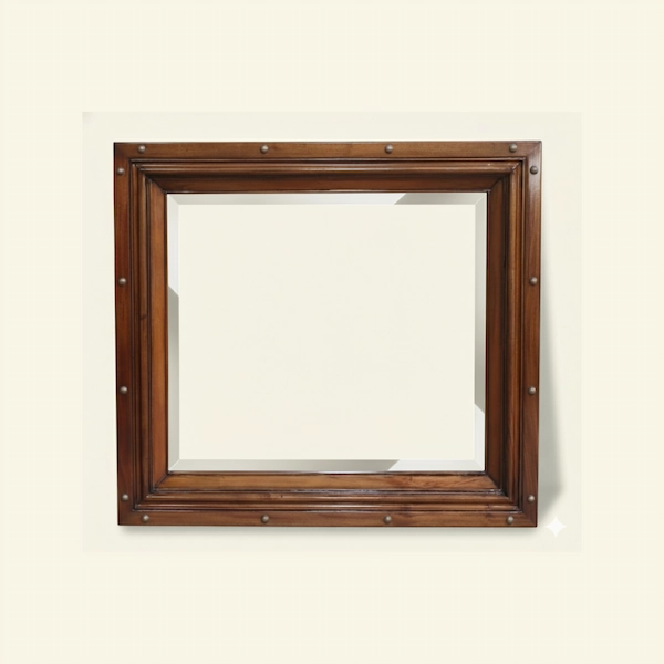 Joshua Tree Rustic Wood Wall Mirror with Brass Nailhead Trim – Reeva Sethi Home Joshua Tree Mahogany Wall Mirror with handcrafted frame and rivet detail