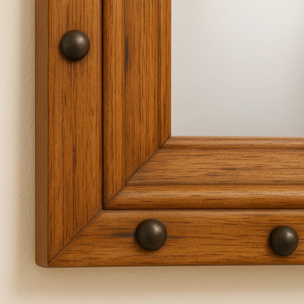 Joshua Tree Hall Mirror Corner View Close-up of rustic wood frame with handcrafted brass nailhead detail on Joshua Tree Wall Mirror – Reeva Sethi Home