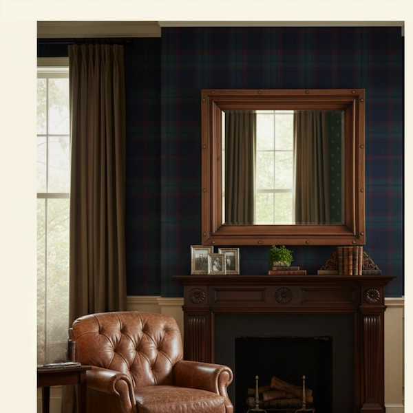 Joshua Tree Mahogany Wall Mirror | Handcrafted Luxury Wooden Mirror Handcrafted Joshua Tree mahogany wall mirror with rivet details, reflecting a classic library interior with leather chairs and bookshelves.