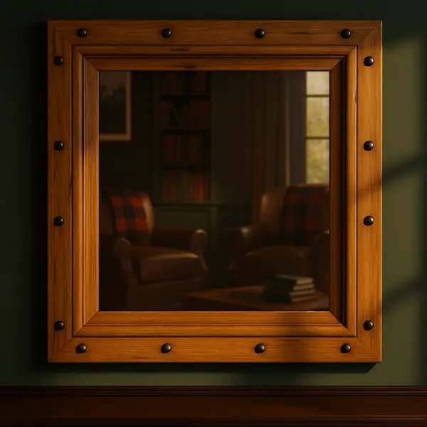 Handcrafted Joshua Tree mahogany wall mirror with rivet details, reflecting a classic library interior with leather chairs and bookshelves.