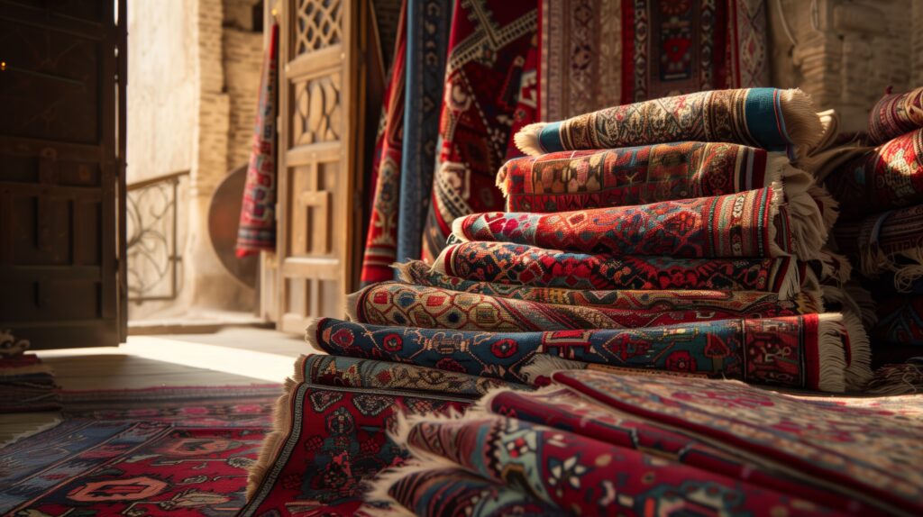 Handwoven rugs stacked and rolled at Reeva Sethi Home Saratoga