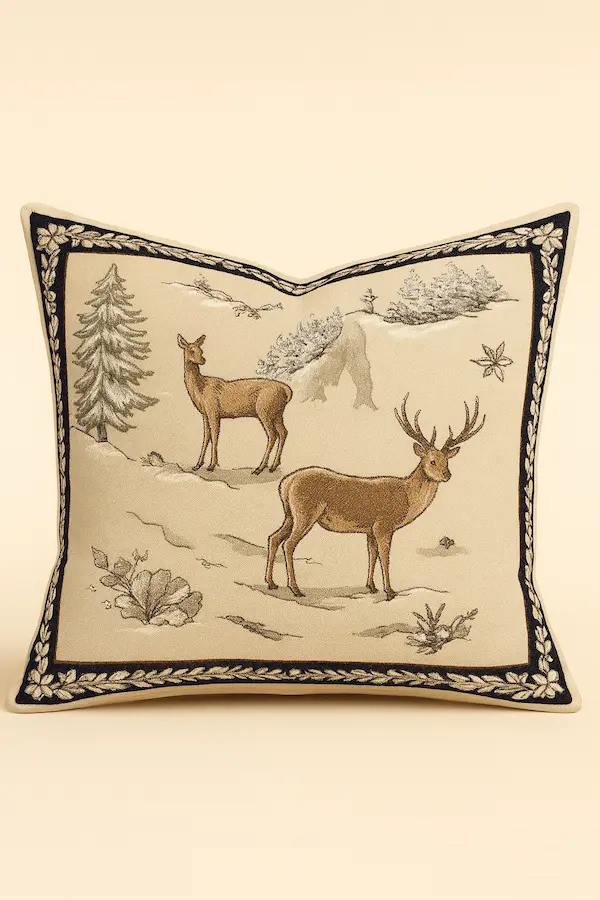 Front view of Alpine Stag Tapestry Cushion, jacquard-woven in England with stag motif and laurel border, 18x18 decorative cushion.