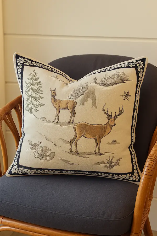 Alpine Stag Tapestry Cushion styled on armchair, English tapestry cushion with stag and laurel design, velvet back.