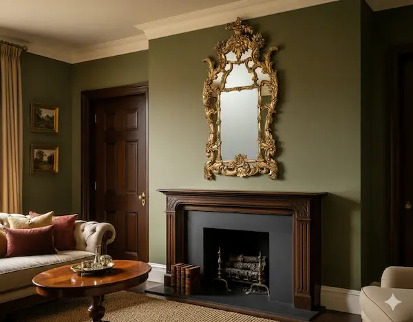 Beaumont Gilded Rococo Mirror styled above fireplace in elegant living room interior