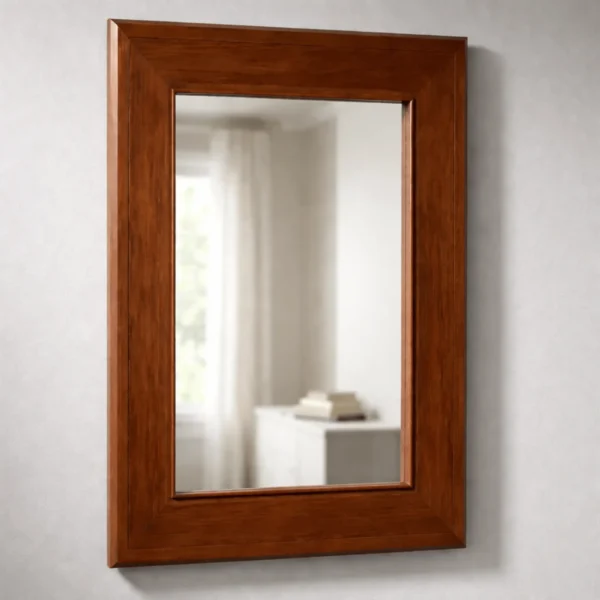 The Belgrave Mirror in polished mahogany with clean stepped frame, able to hang vertically or horizontally.