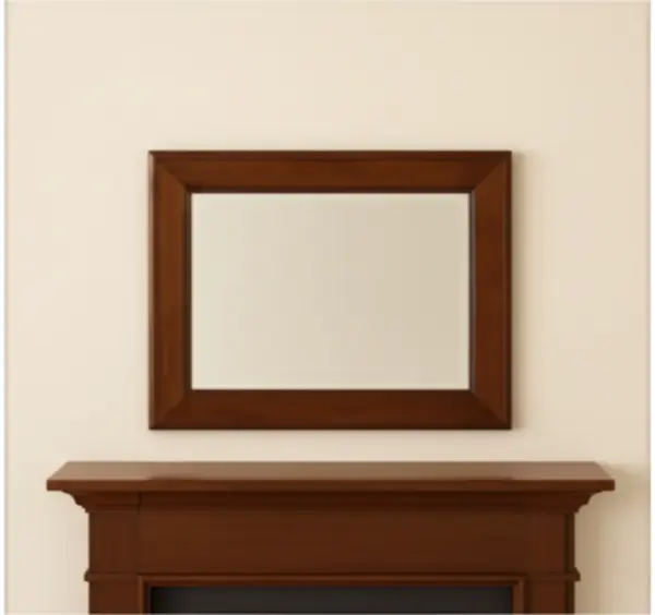 Belgrave Mirror horizontal orientation above console with rich mahogany wood frame and bevelled edges